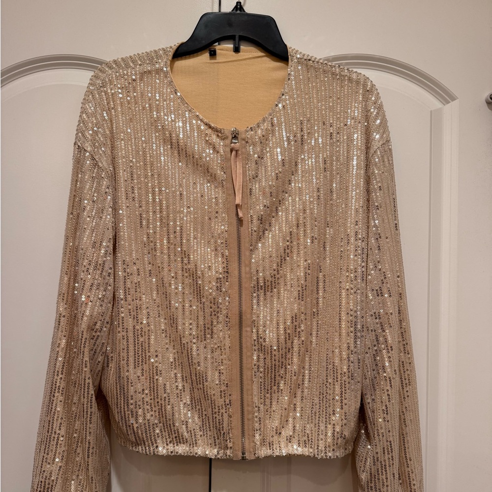 SHEIN Sparkling Beige Sequin Bomber Jacket